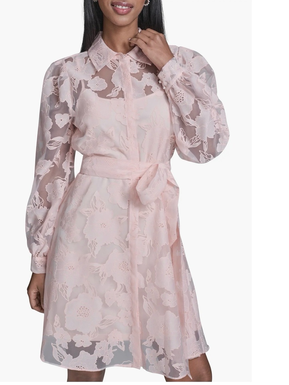 Karl Lagerfeld Blush Pink Long Sleeve Floral Organza Shirtdress NWT